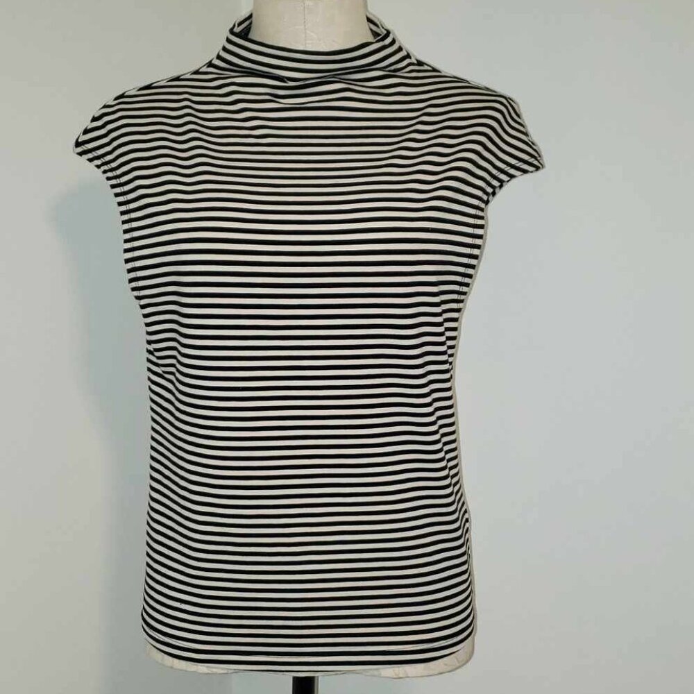 J. Crew Black and White Striped Cap Sleeve Mock Neck Top